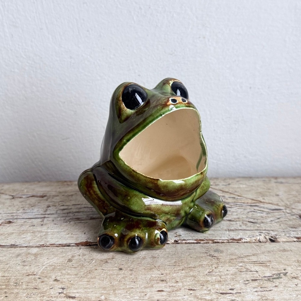 Vintage Ceramic Frog Sponge Holder Drip Glaze Green Brown Handcrafted 5" CSG